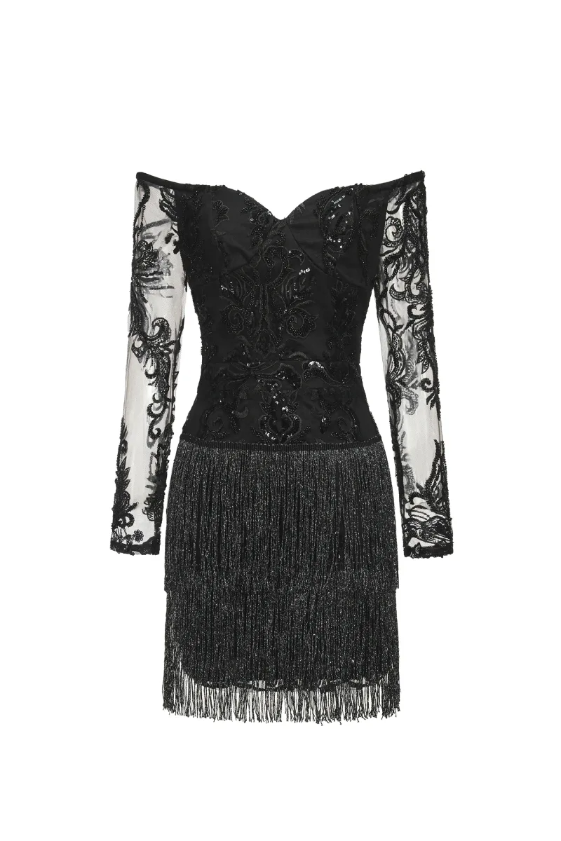 Vestido Mini Ludia com Renda, Paetês e Franja Ombro a Ombro