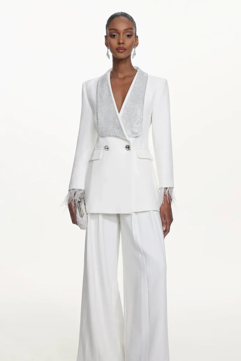 Blazer Ona com Manga Longa, Strass e Detalhe em Pena