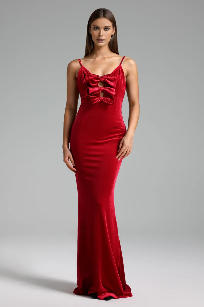 Vestido Maxi Elay Halter em Veludo com Laço