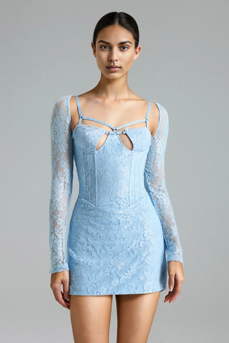 Vestido Mini Urania com Recortes em Renda Floral - Azul