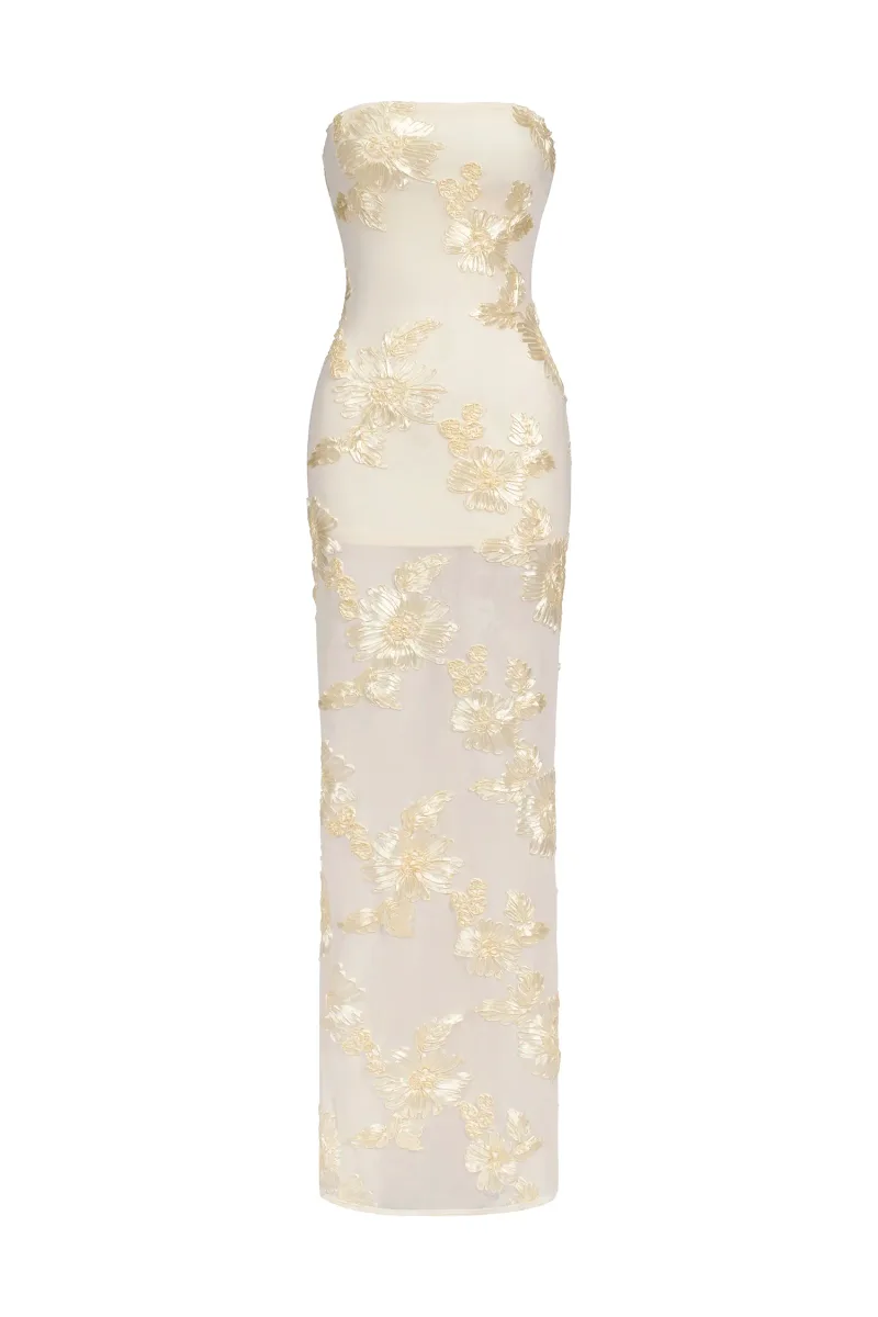Vestido Maxi Deliyn com Bordado Floral e Mesh Sem Alças