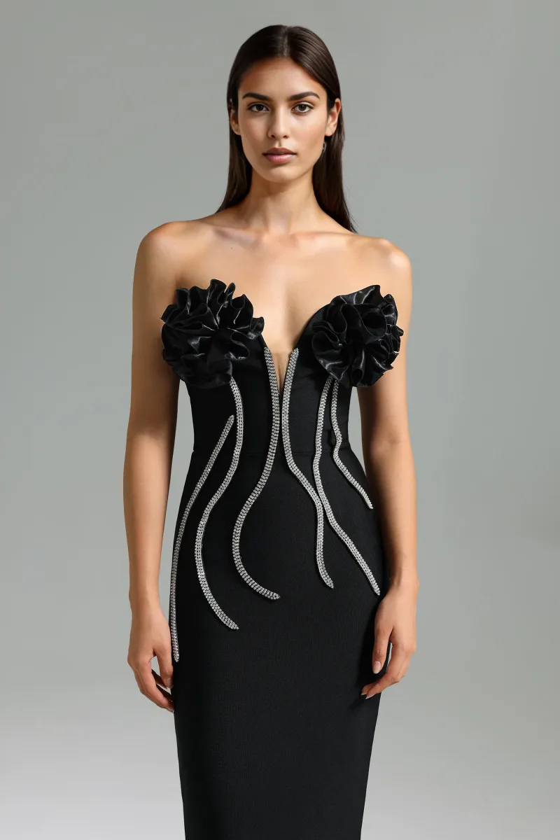 Midi Dress Vafa Ombro a Ombro com Aplicações Diamantadas