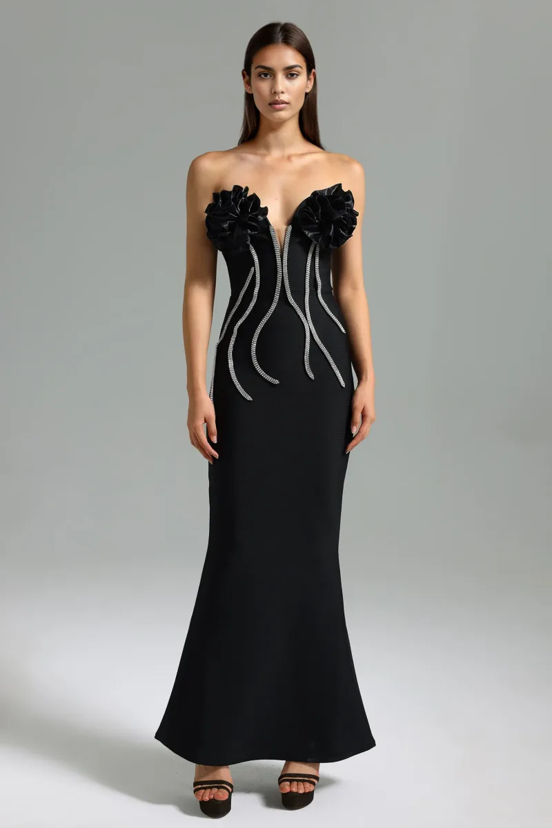 Midi Dress Vafa Ombro a Ombro com Aplicações Diamantadas