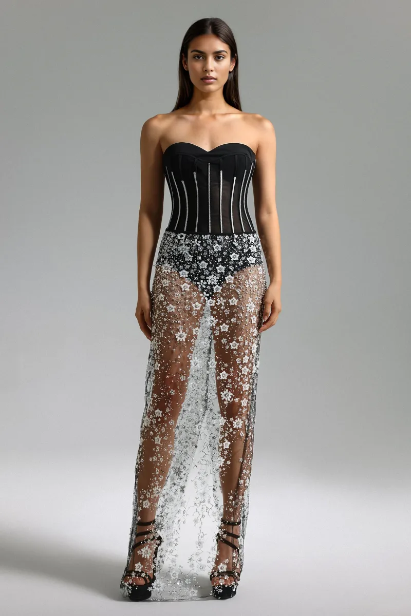 Maxi Dress Ikara Tubinho em Mesh com Aplicações Diamantadas — Preto