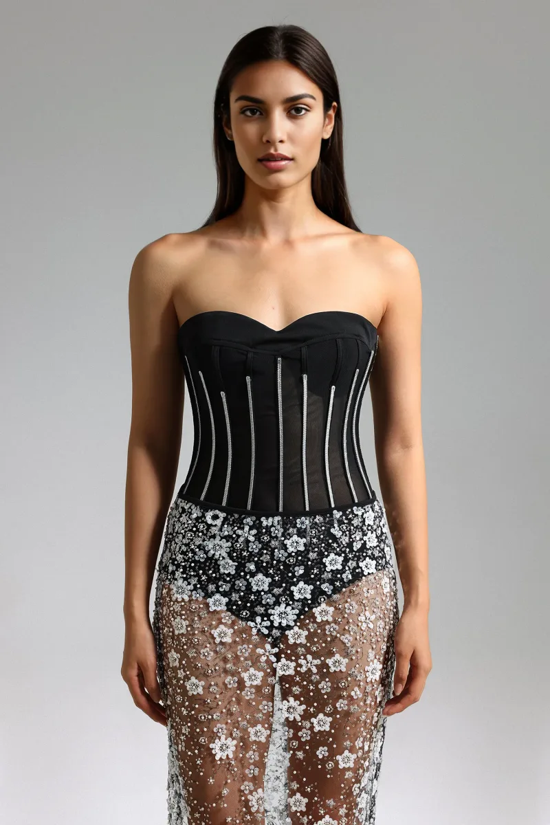 Maxi Dress Ikara Tubinho em Mesh com Aplicações Diamantadas — Preto