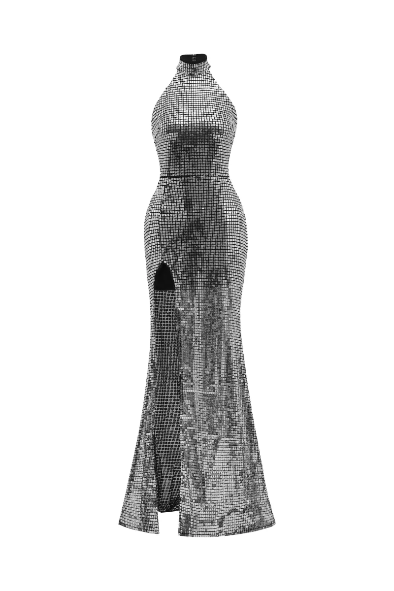 Vestido Maxi Halter Lynn com Paetês - Prateado