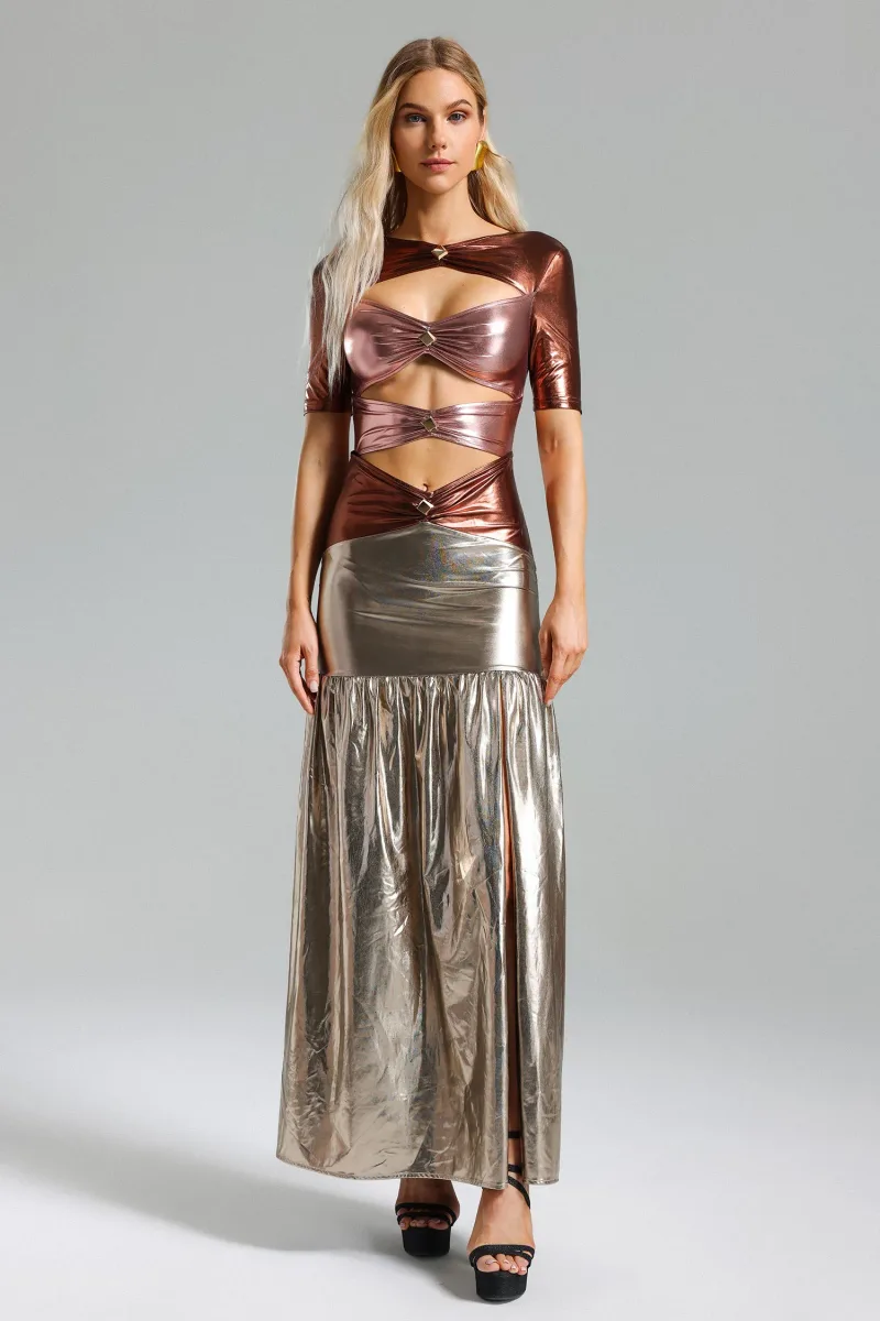Vestido Kaci Maxi com Detalhes Vazados Metalizados
