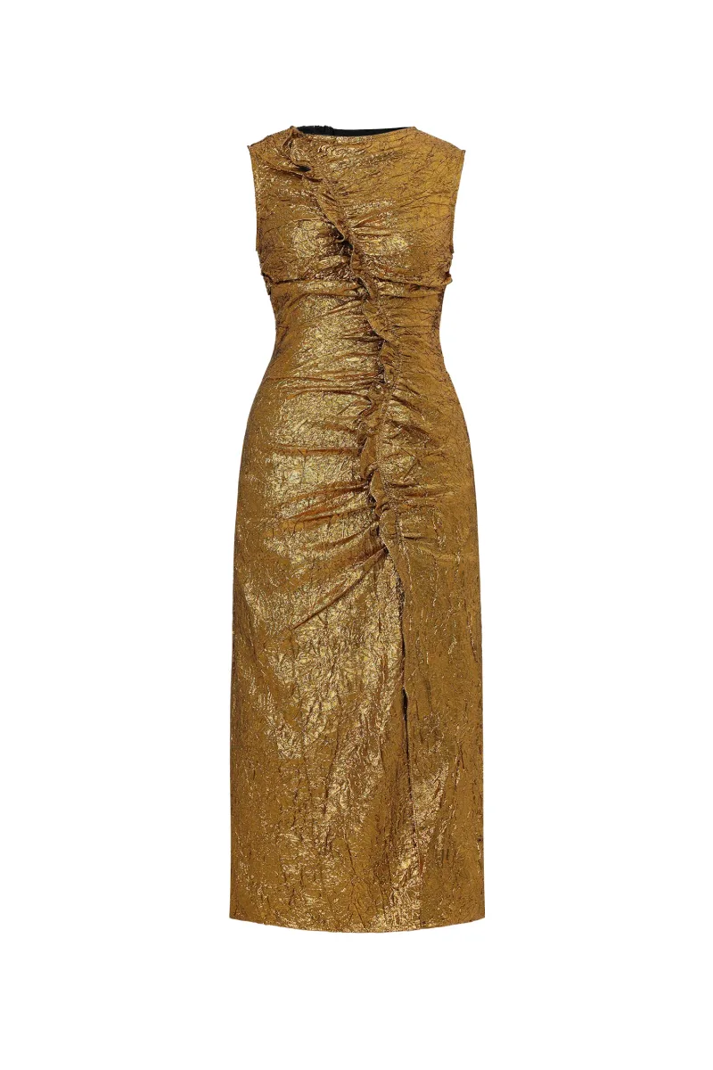 Vestido Suku Plissado Metálico com Fenda