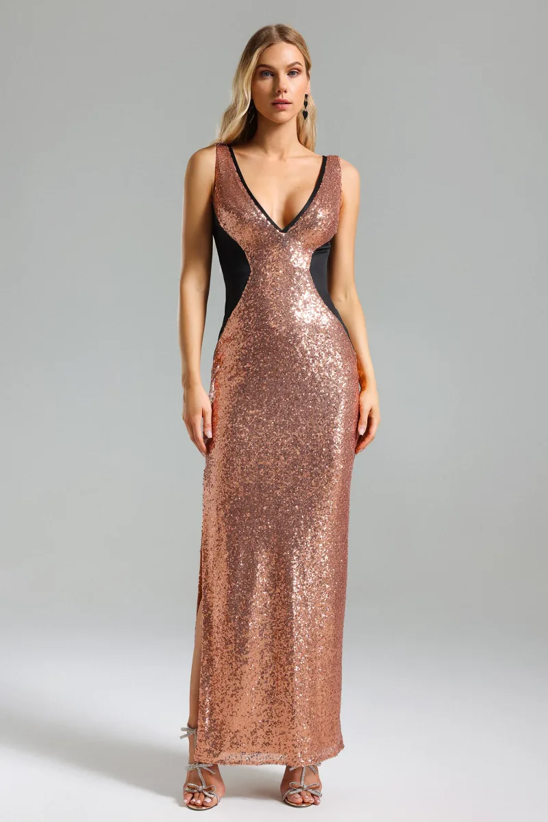 Vestido Winifred Decote V em Paetês – Maxi