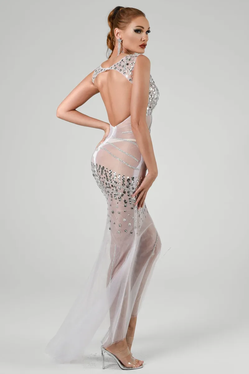 Vestido Maxi Ditaya em Mesh com Paetês
