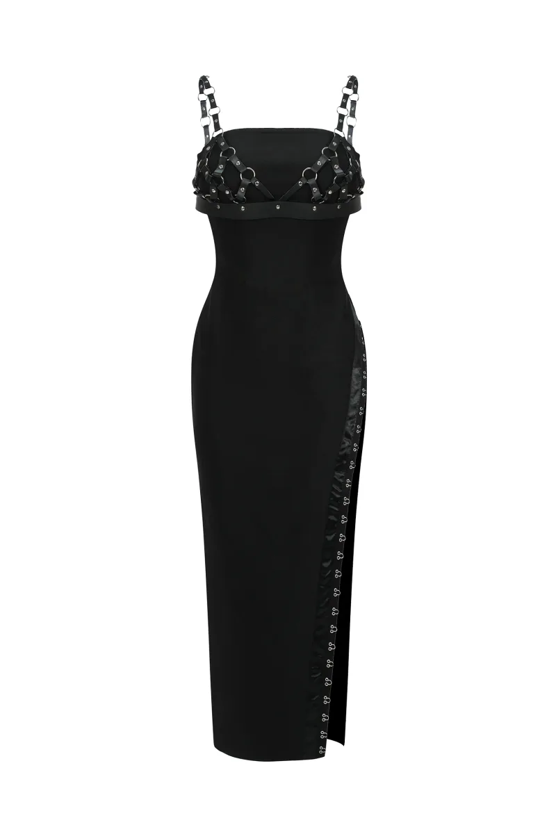 Conjunto Cherrie: Top em Couro Tecido & Vestido Midi Bandage com Fenda