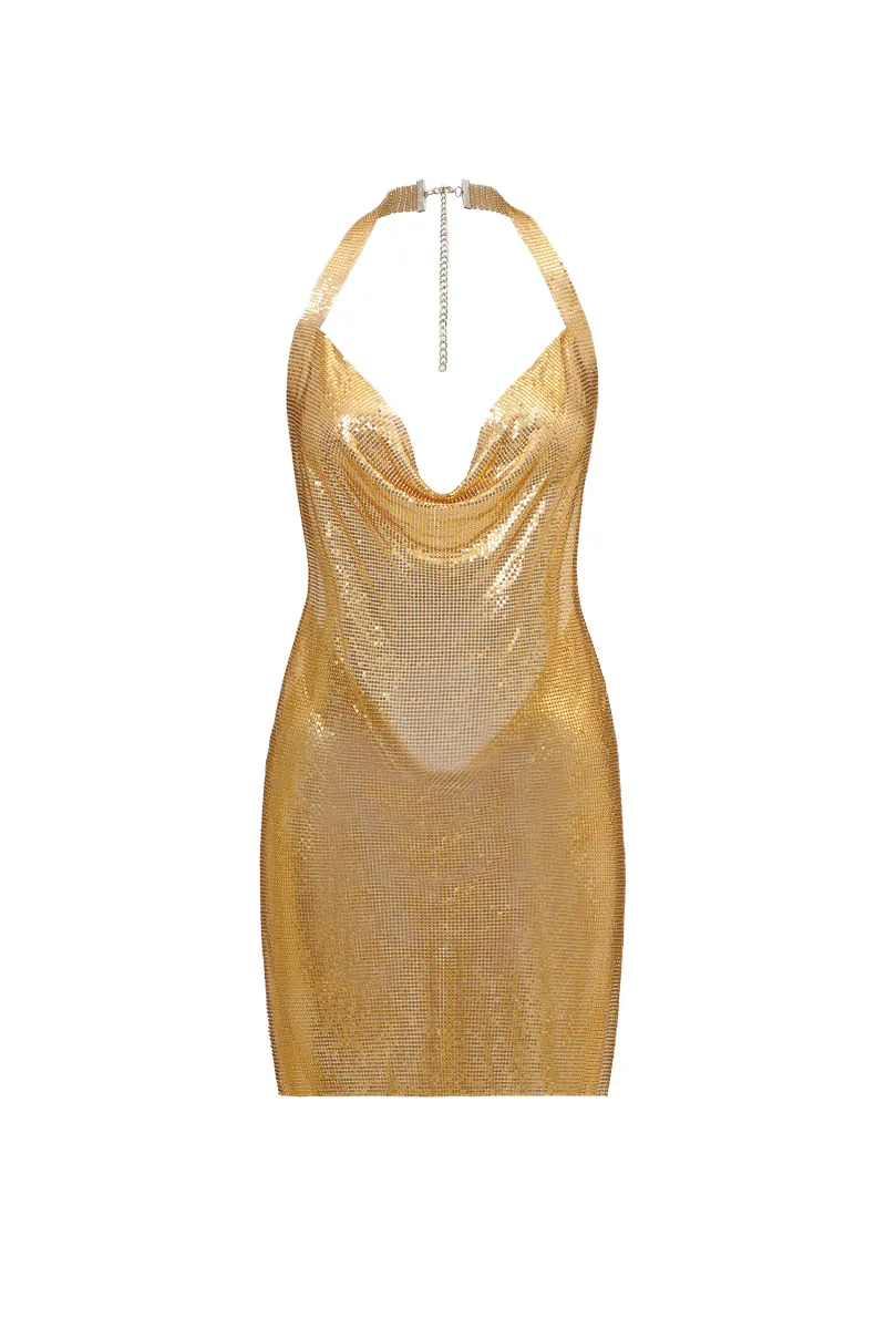 Vestido Mini Brett com Malha Diamante - Dourado