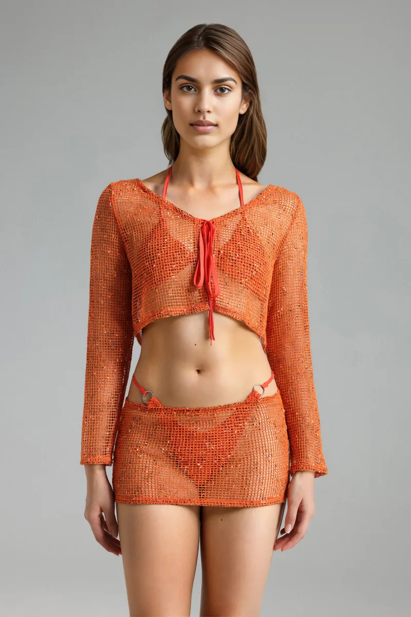 Conjunto Biquíni Rocelle em Tricô - Laranja (Quatro Peças)