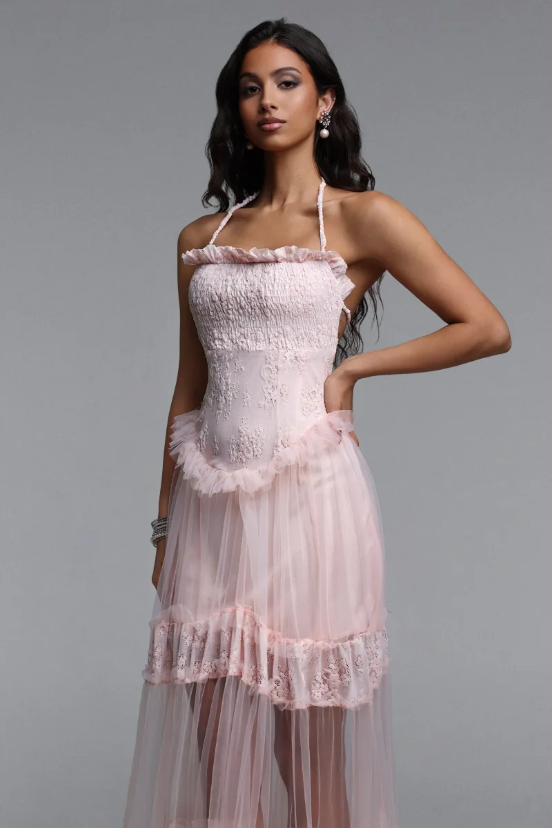 Vestido Maxi Ornella Resort em Tule com Babados