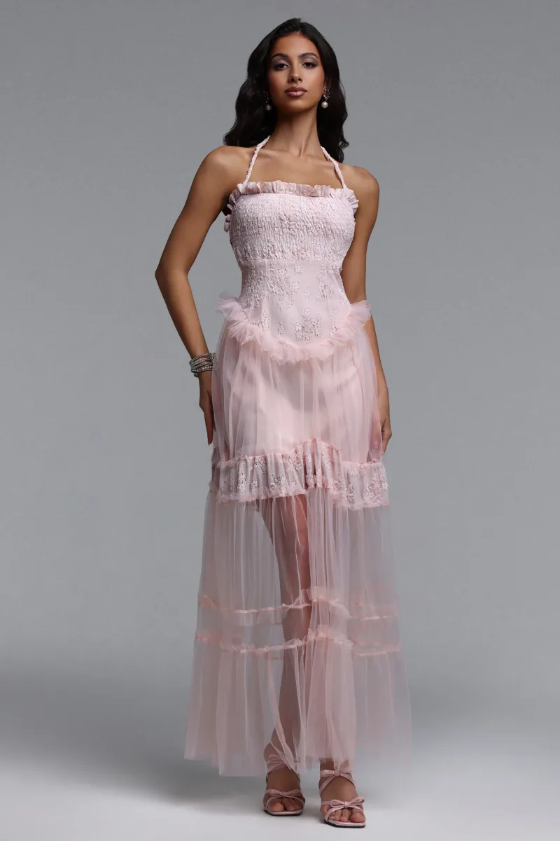 Vestido Maxi Ornella Resort em Tule com Babados