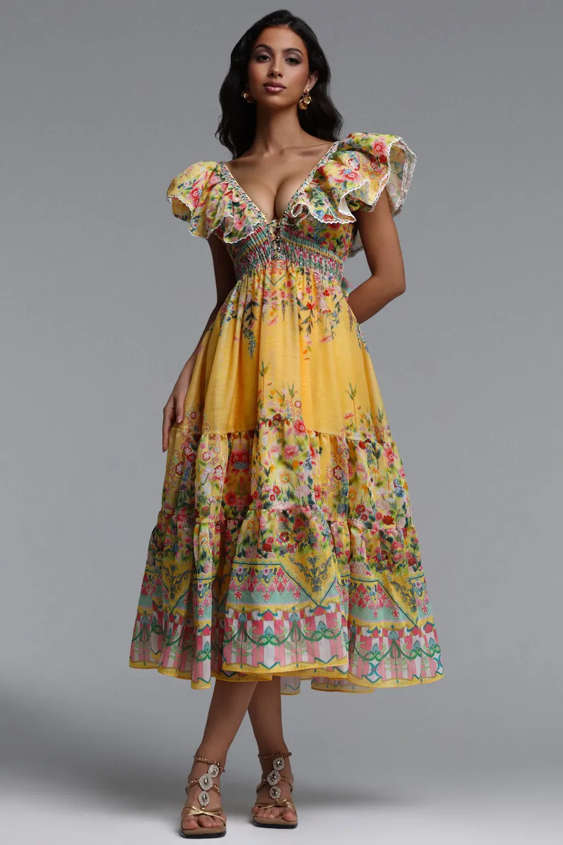 Vestido Maxi Thyra Resort com Estampa Floral e Babado Fluido Sem Mangas