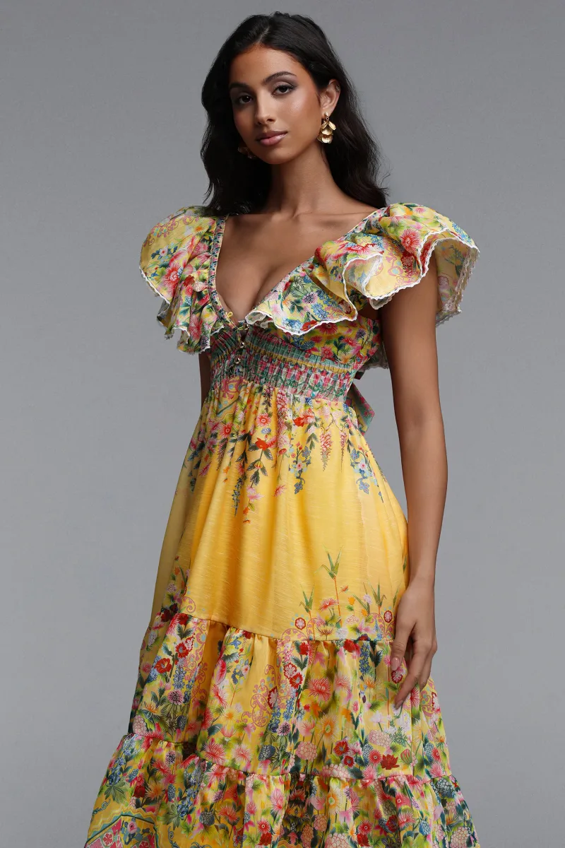 Vestido Maxi Thyra Resort com Estampa Floral e Babado Fluido Sem Mangas