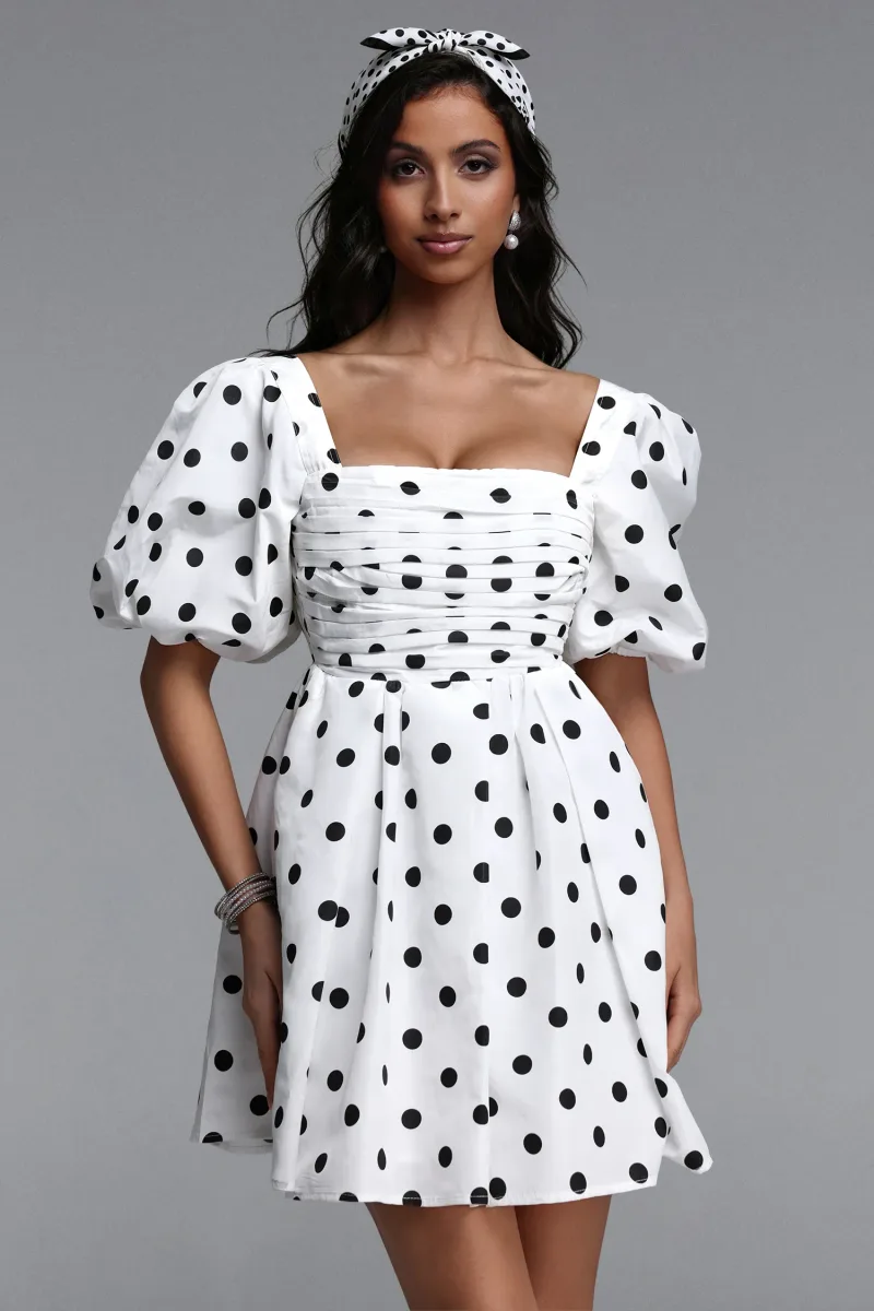 Vestido Mini Kaitlyn com Manga Bufante e Poá