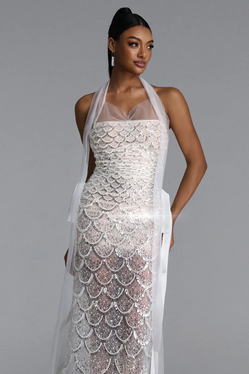 Vestido Violet Elegante com Pérolas, Paetês e Escamas Holográficas Maxi