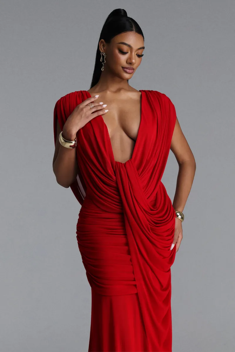 Vestido Maxi Glenda em Tricô Vermelho com Drapeado