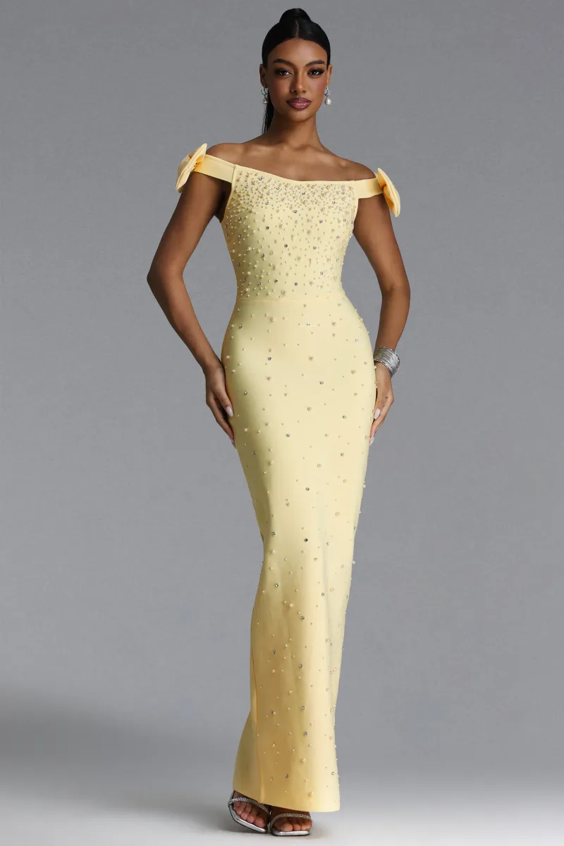 Vestido Maxi Bandage Fanny com Ombros à Mostra e Aplicação de Cristais