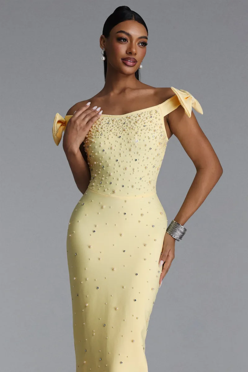 Vestido Maxi Bandage Fanny com Ombros à Mostra e Aplicação de Cristais