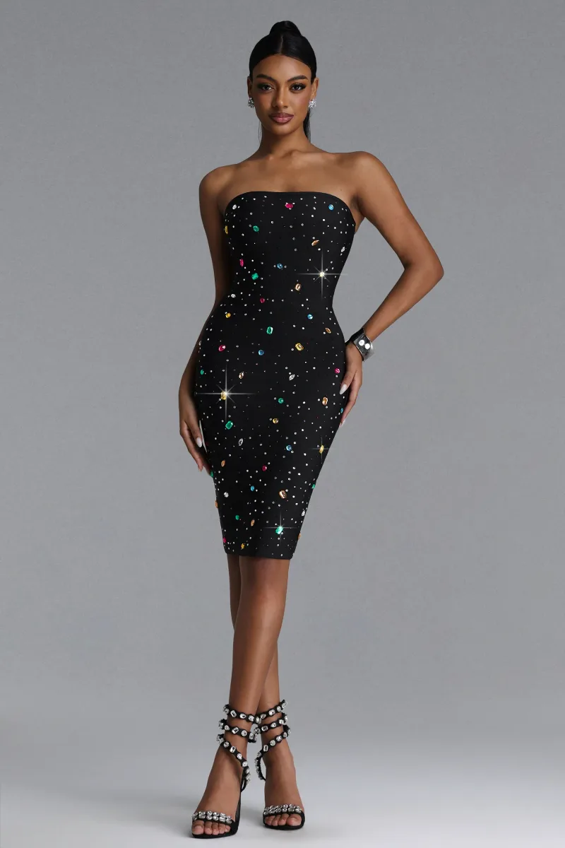 Vestido Midi Bandage Lane Tomara que Caia com Cristais