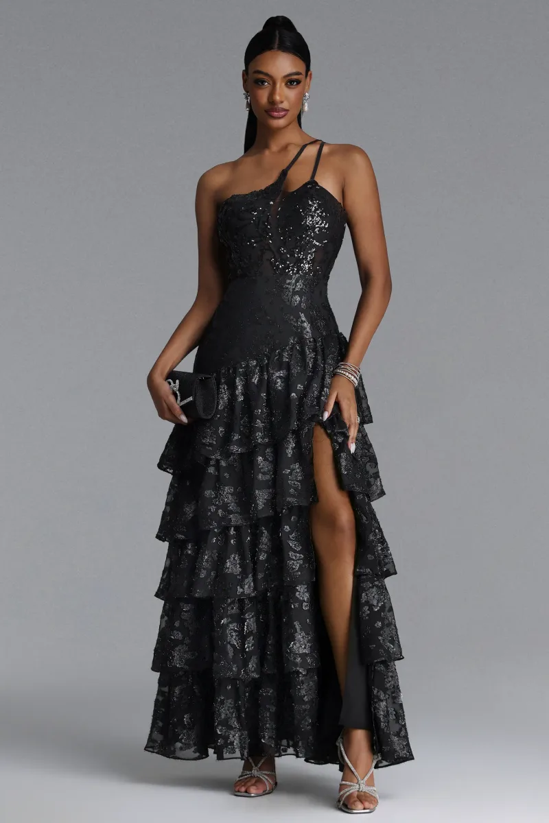 Vestido Longo Shaney Um Ombro com Babado em Renda