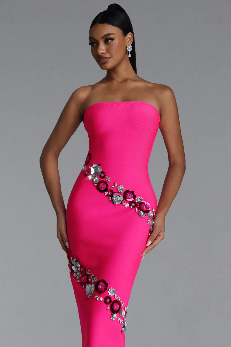 Vestido Maxi Valo com Paetês, Floral e Decote Sem Alças