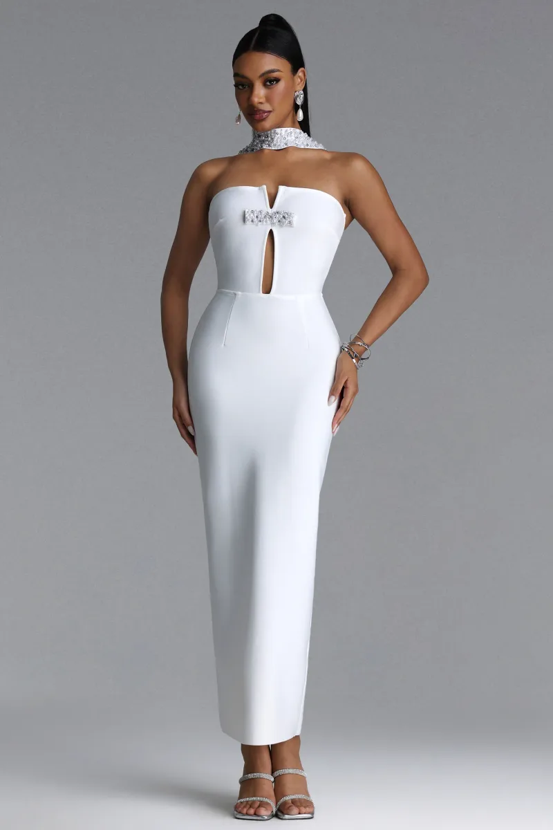 Vestido Maxi Iunne Sem Alças com Recorte e Pérolas