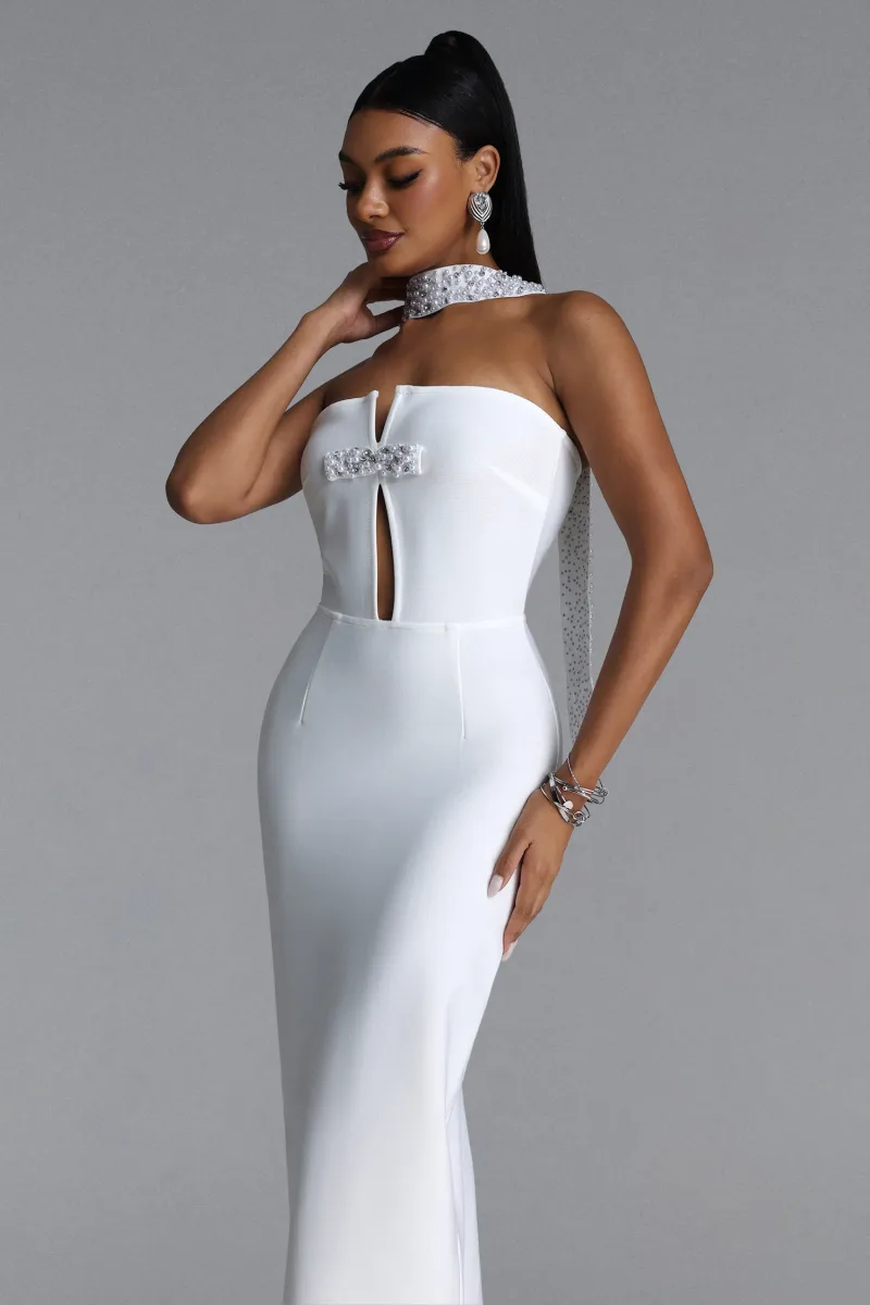 Vestido Maxi Iunne Sem Alças com Recorte e Pérolas