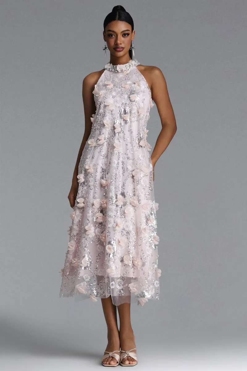 Vestido Maxi Faithe com Alça Halter e Paetês com Flores