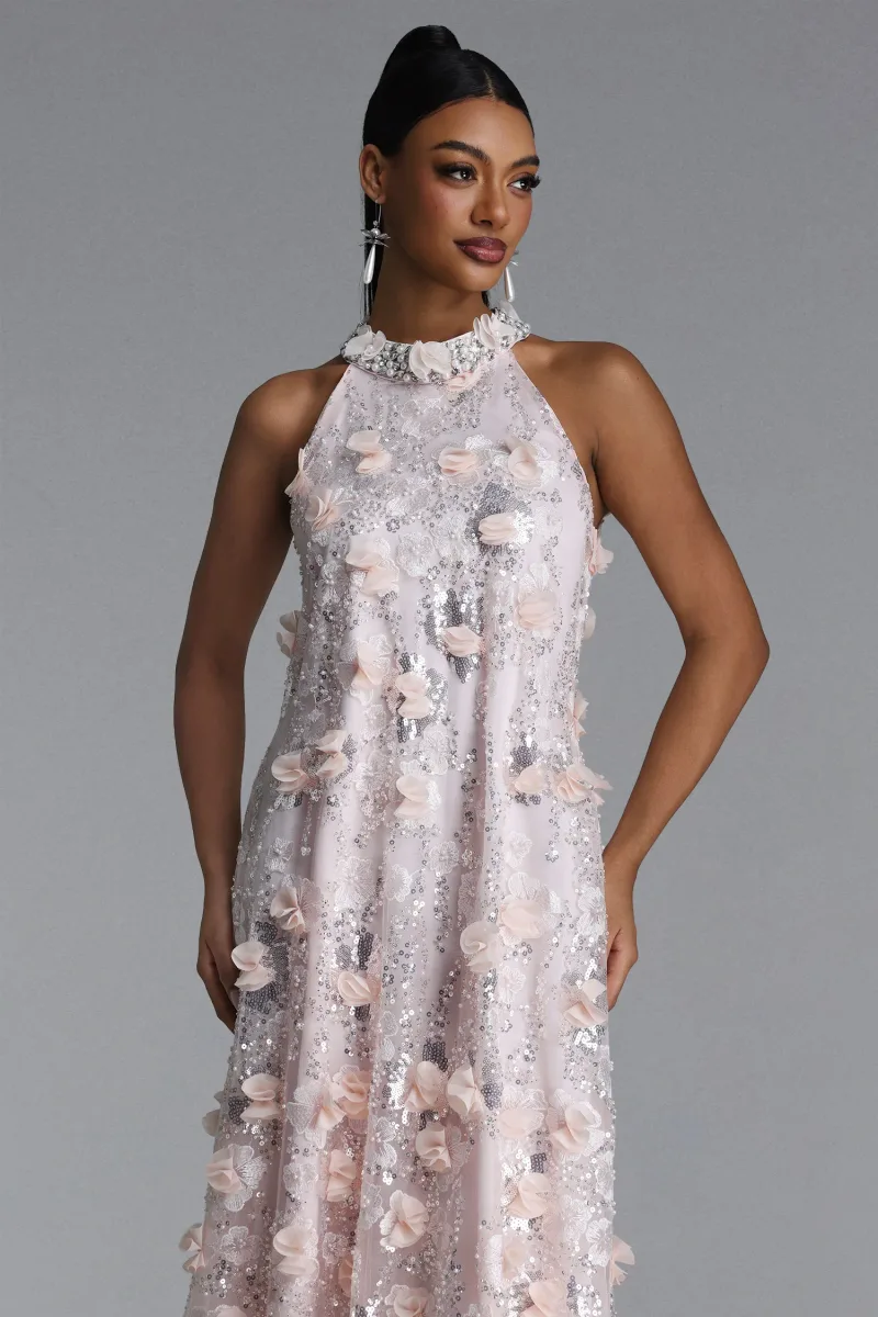 Vestido Maxi Faithe com Alça Halter e Paetês com Flores