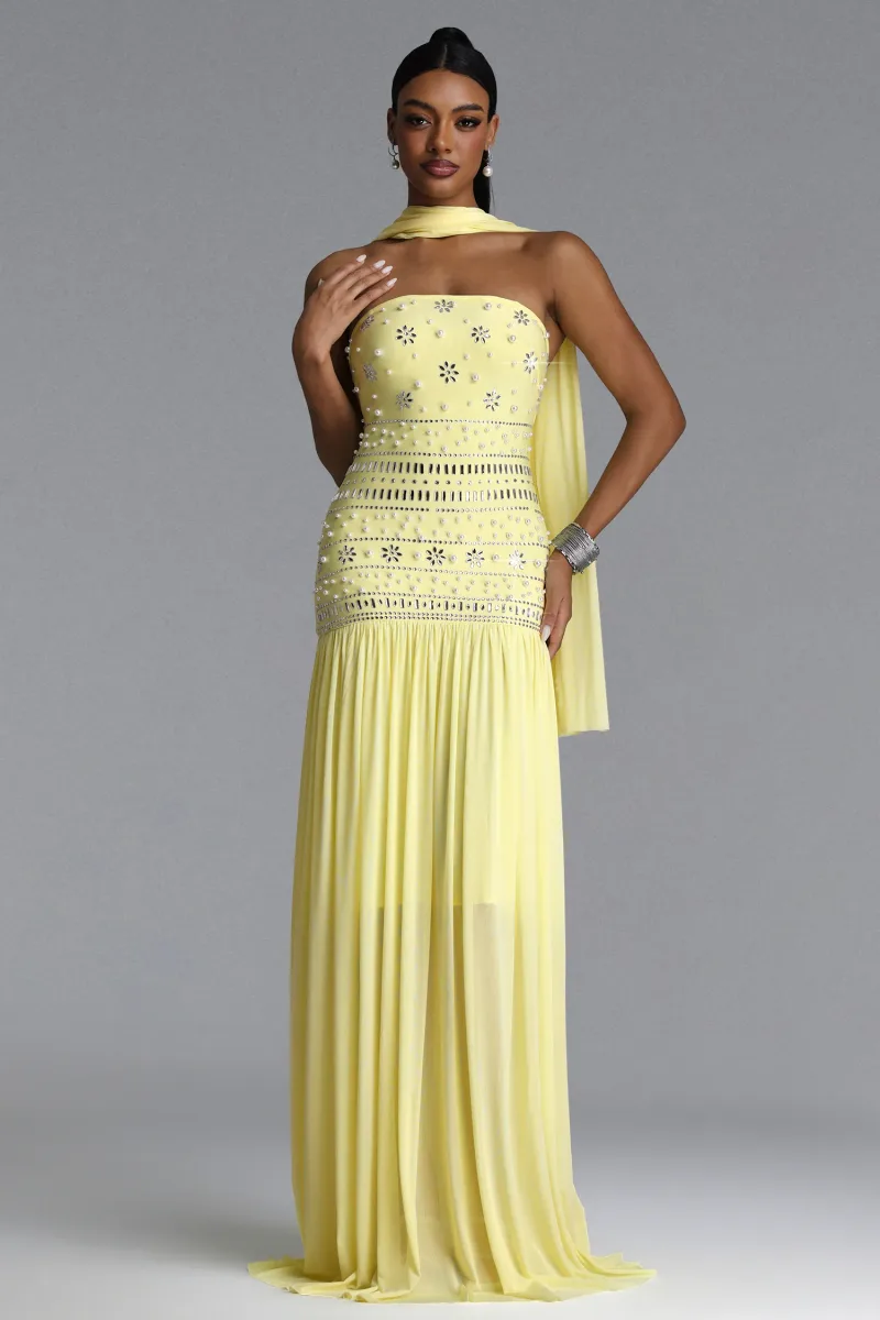Vestido Maxi Volary Chic com Cristais de Pérola