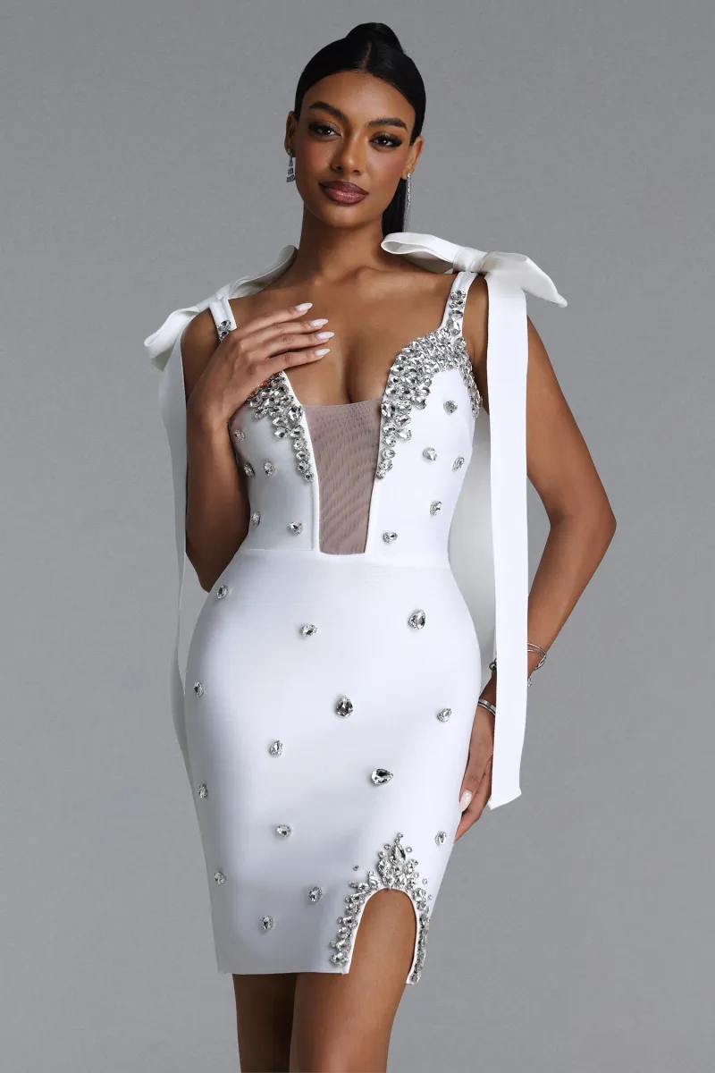 Vestido Mini Zatte Sexy com Laço e Rhinestones