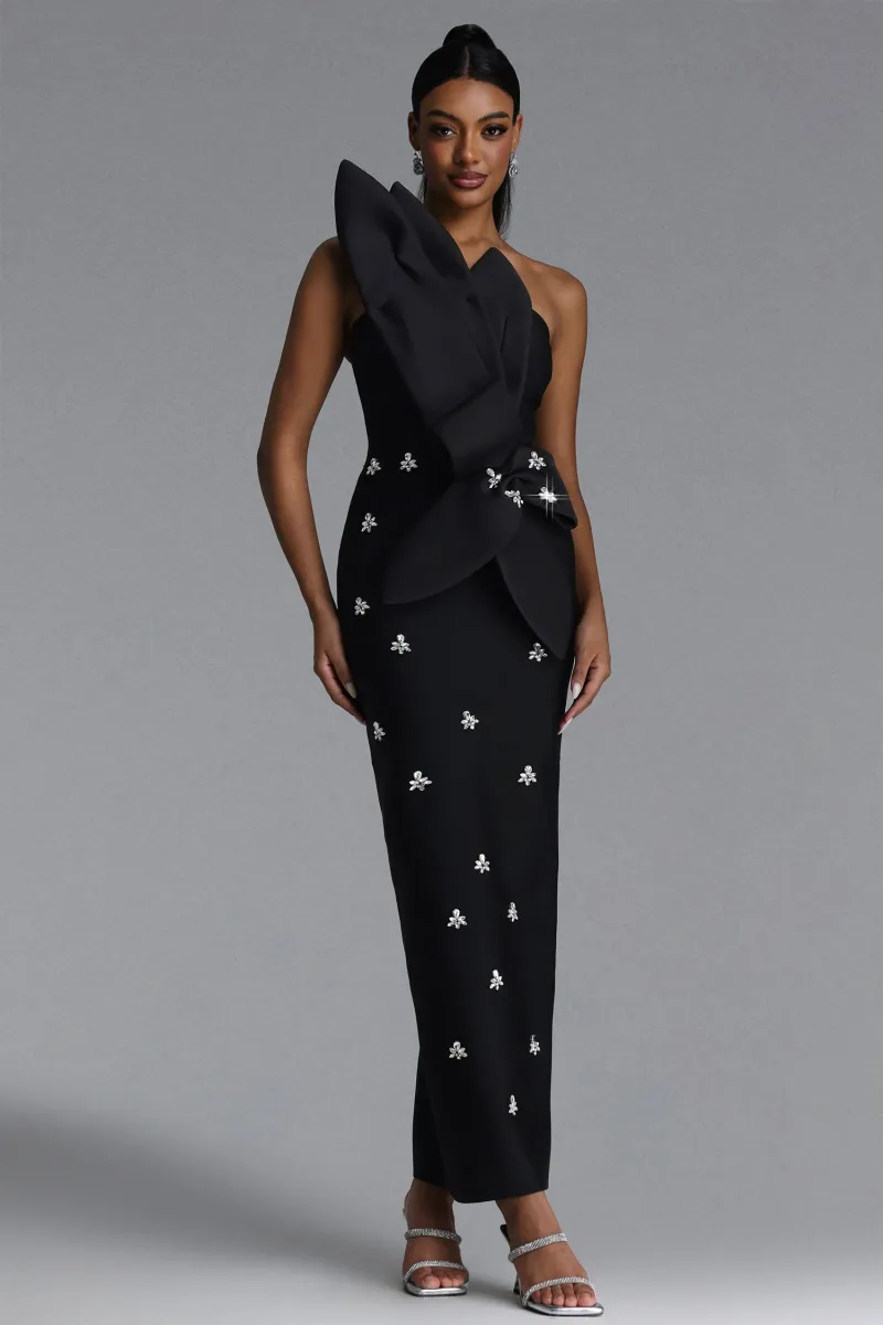 Vestido Maxi Ohney com Strass e Recorte Assimétrico