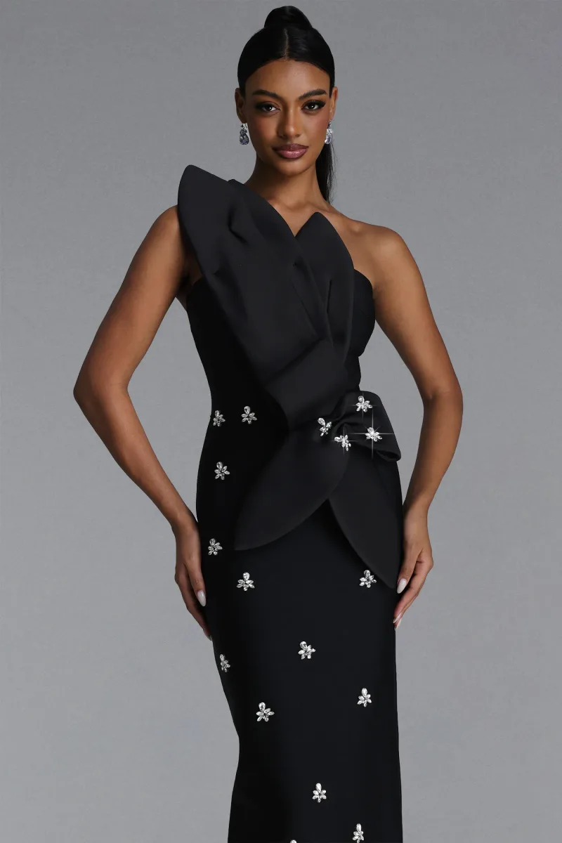Vestido Maxi Ohney com Strass e Recorte Assimétrico