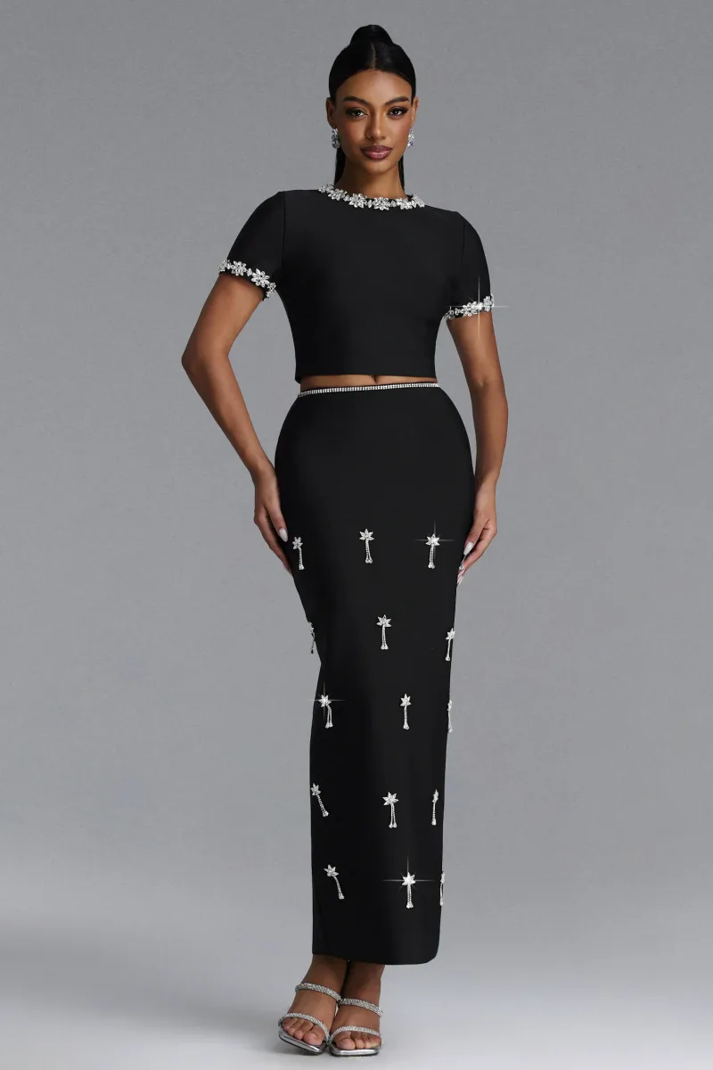 Vestido Maxi Lula com Manga Curta e Aplicações de Strass