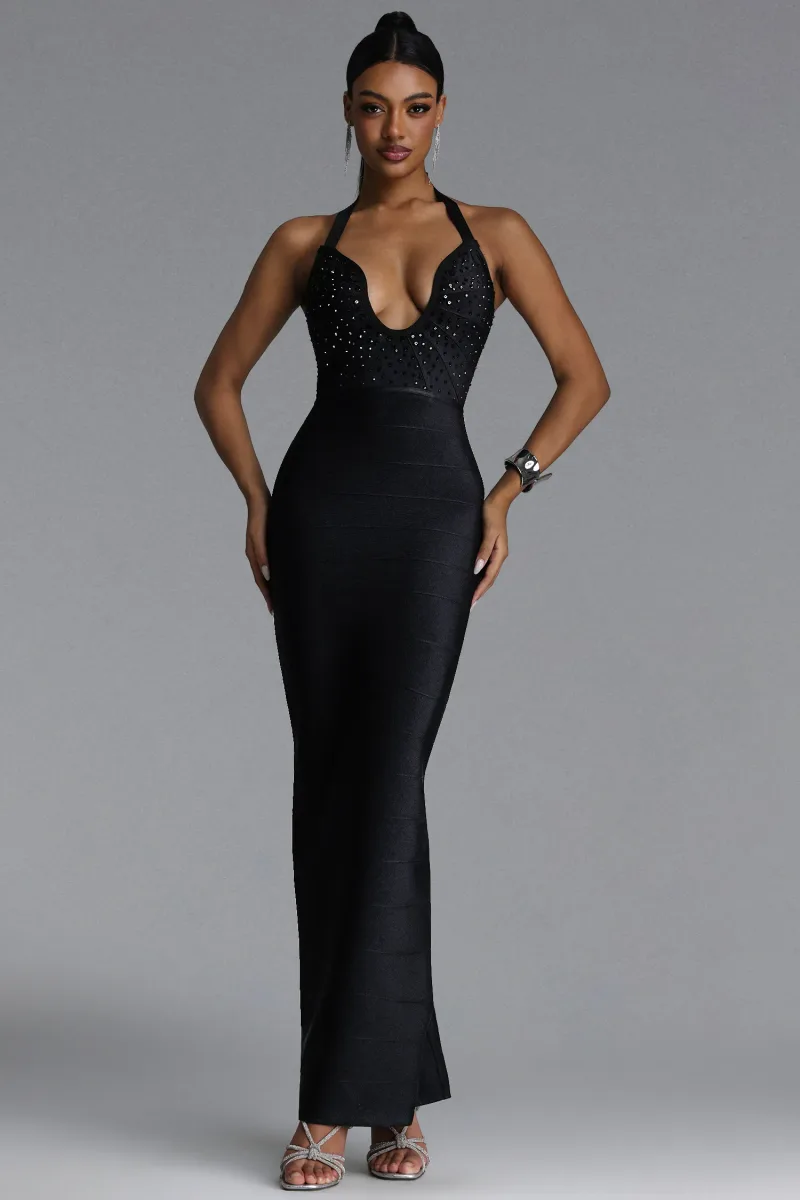 Vestido Maxi Renata com Gargantilha e Cristais