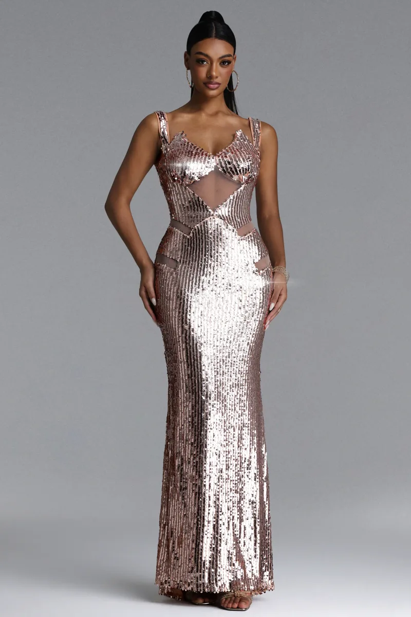 Vestido Maxi Willi com Decote V e Recortes em Paetê