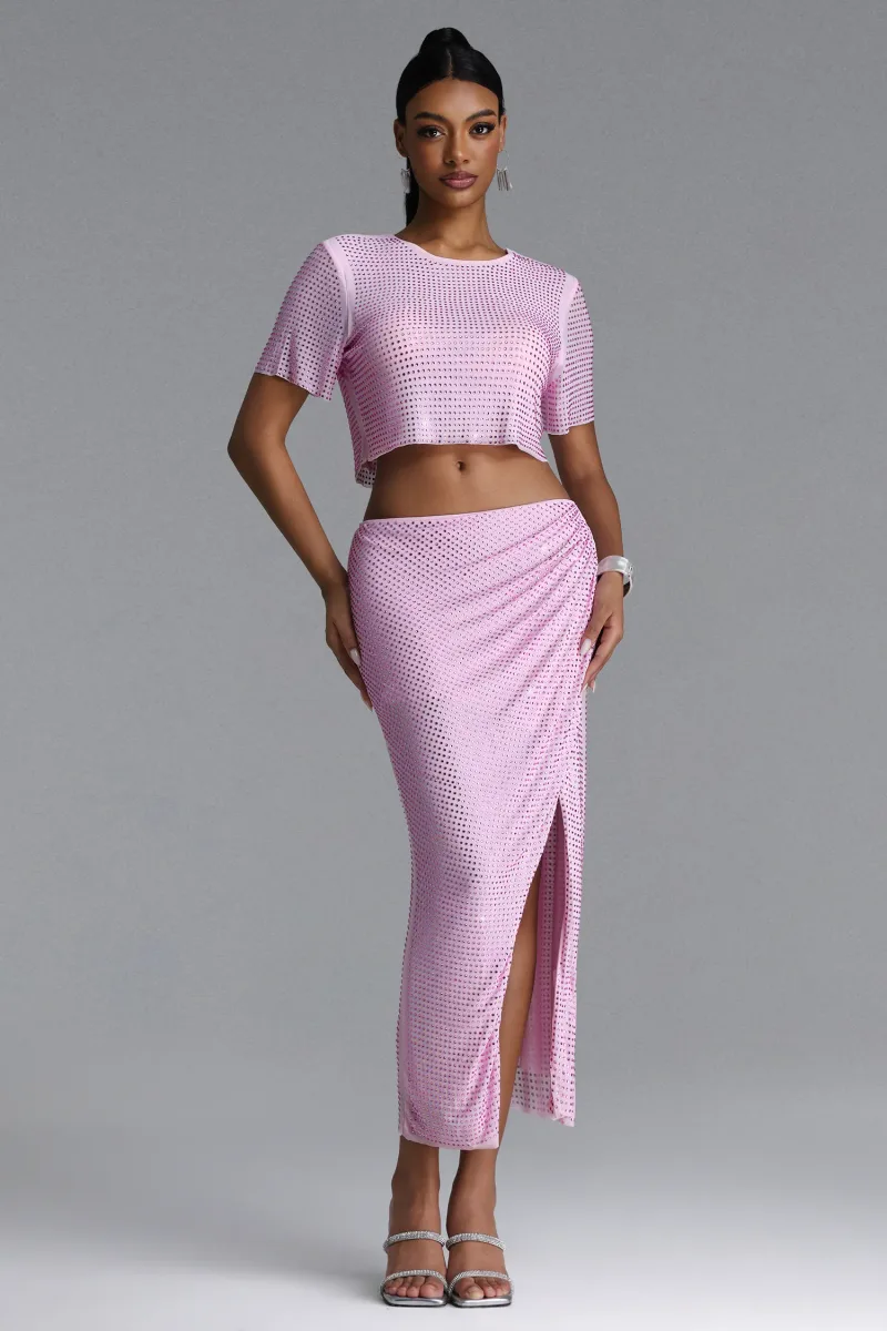 Conjunto Peyson: Crop Top de Manga Curta e Saia Franzida em Cristal