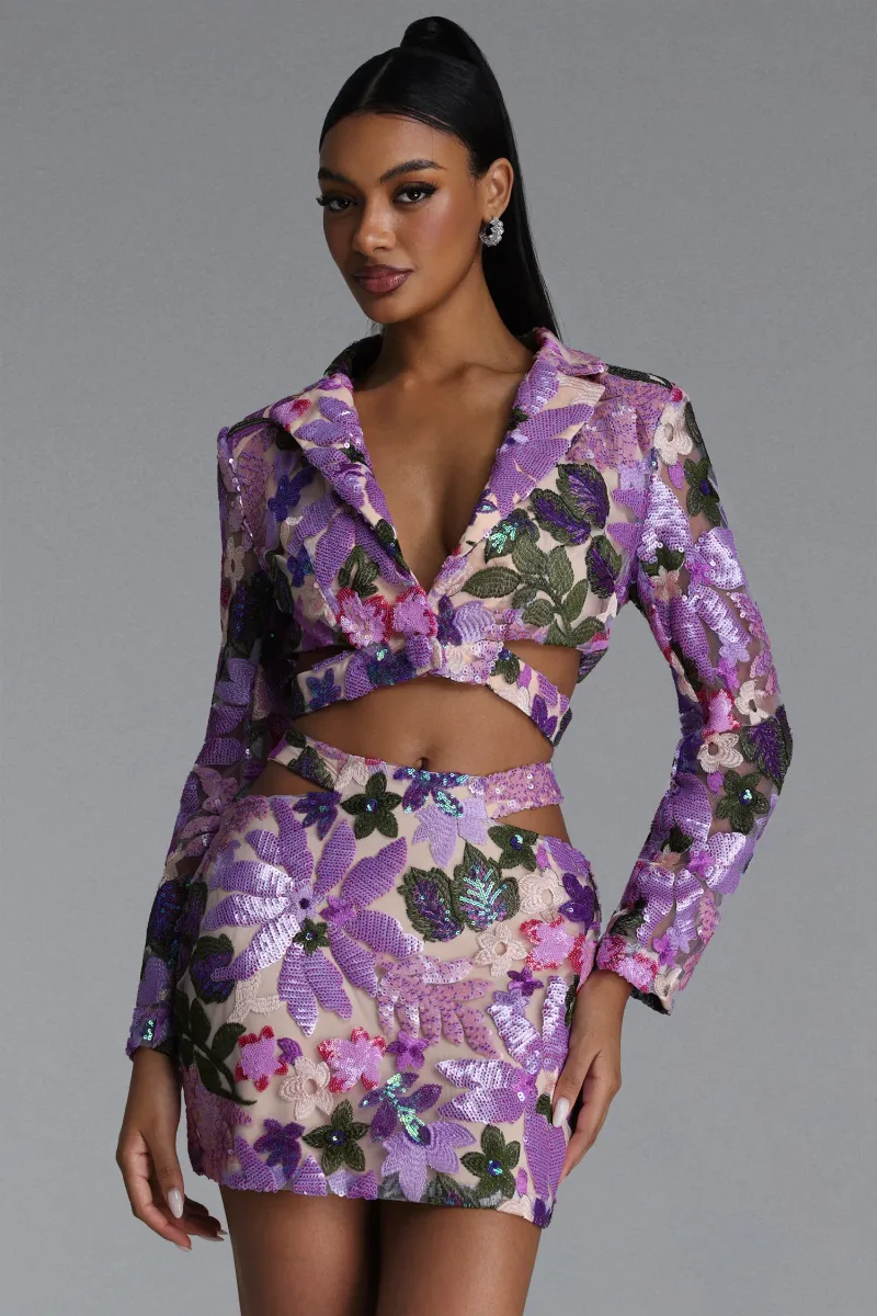 Conjunto Yarera: Blazer e Saia em Paetê Floral