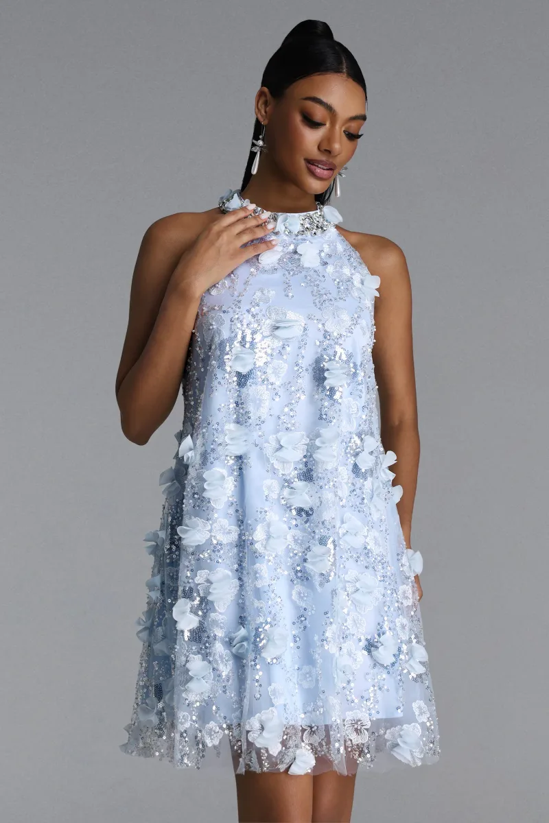 Vestido Juniper Halter com Paetê Floral Midi