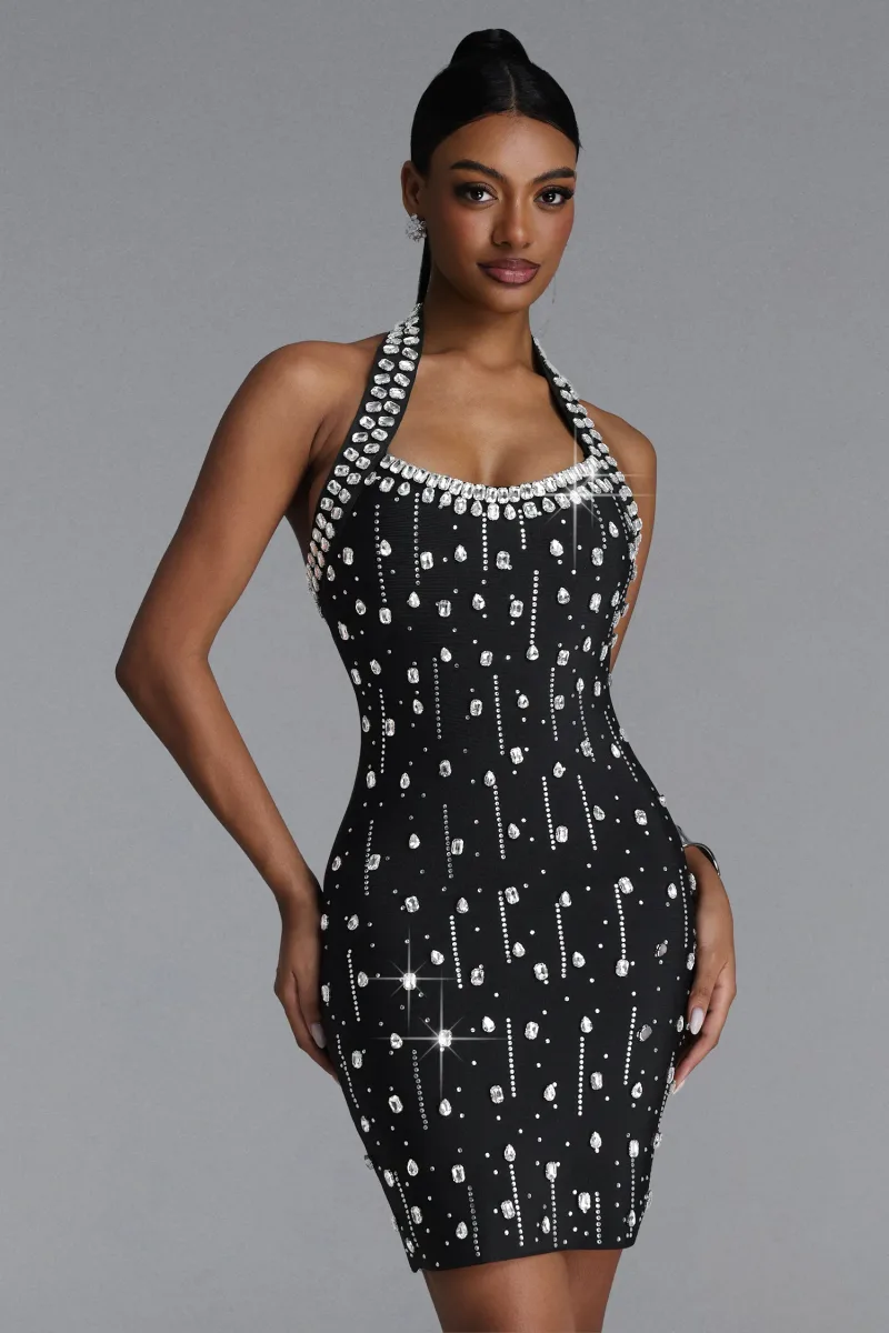 Vestido Bandage Mini Manik com Strass e Decote Halter