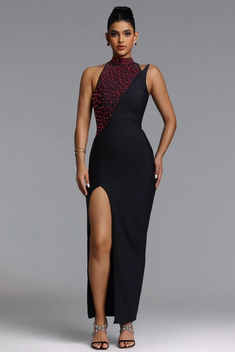 Vestido Maxi Liopa com Decote Halter, Pérolas e Cristais