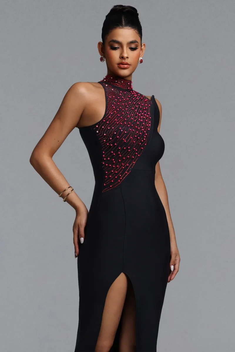 Vestido Maxi Liopa com Decote Halter, Pérolas e Cristais