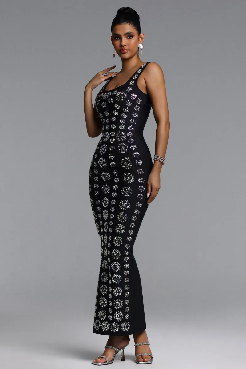 Vestido Maxi Lisa com Cristais em Bandage