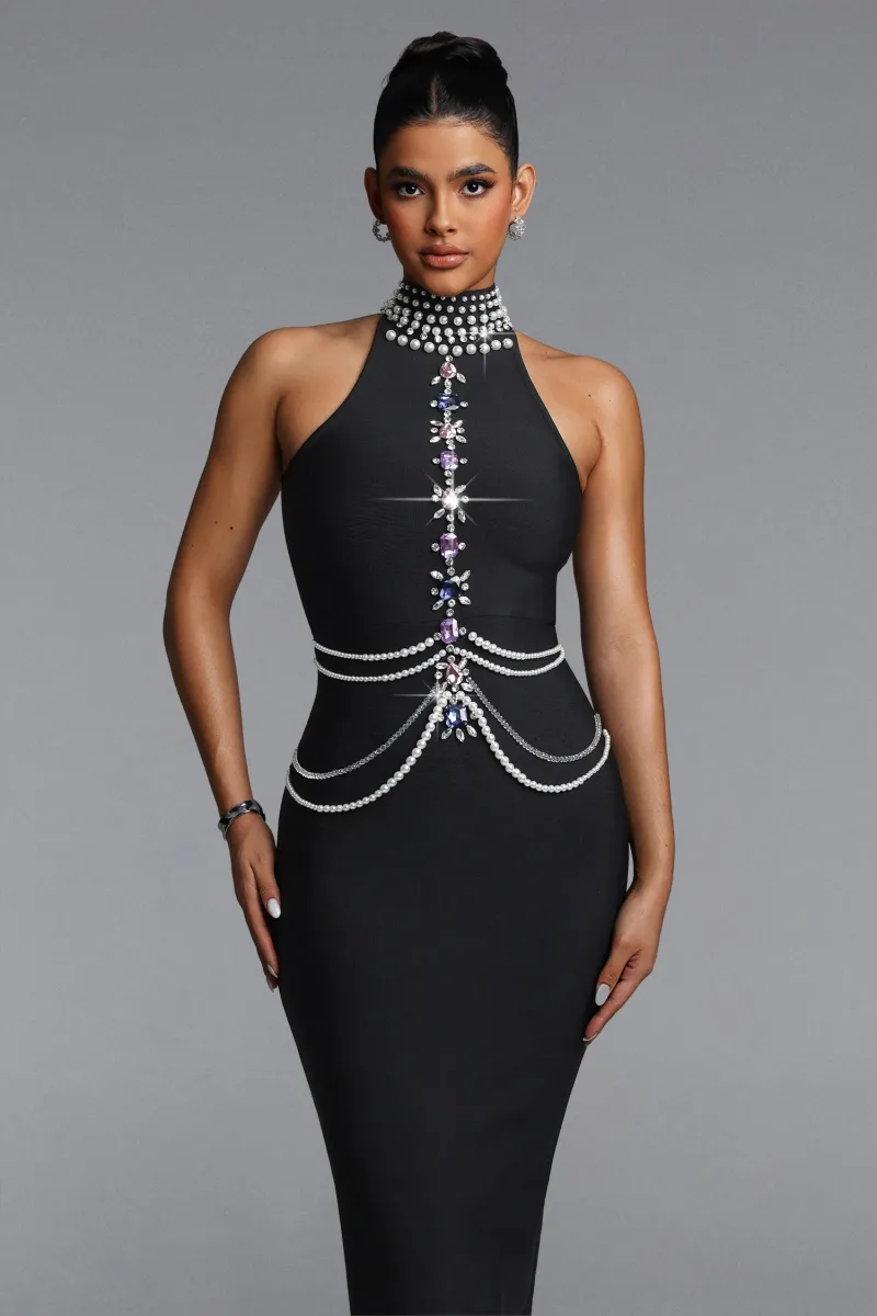 Vestido Maxi Opal com Halter, Pérolas e Cristais em Bandage