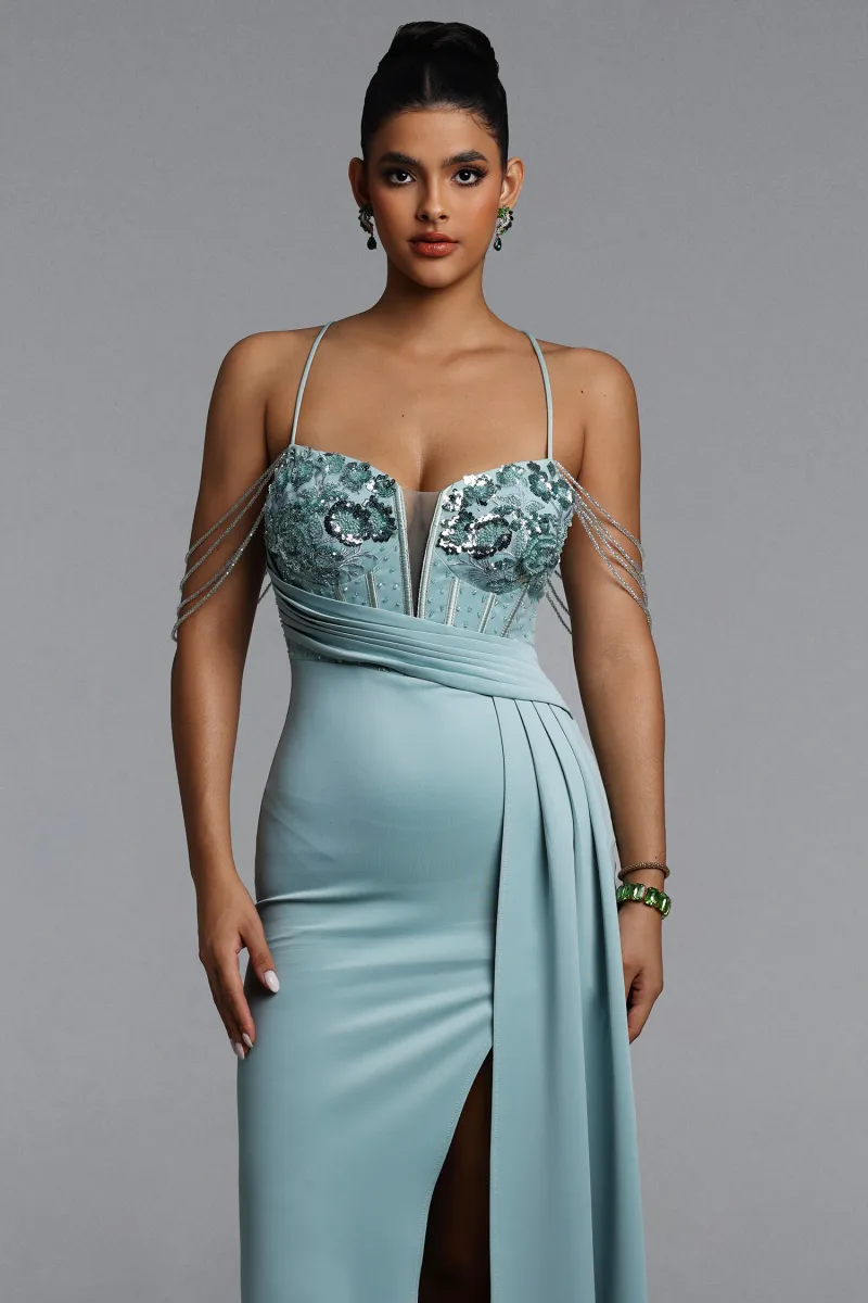 Vestido Maxi Miaka em Cetim com Pregas e Flores Bordadas