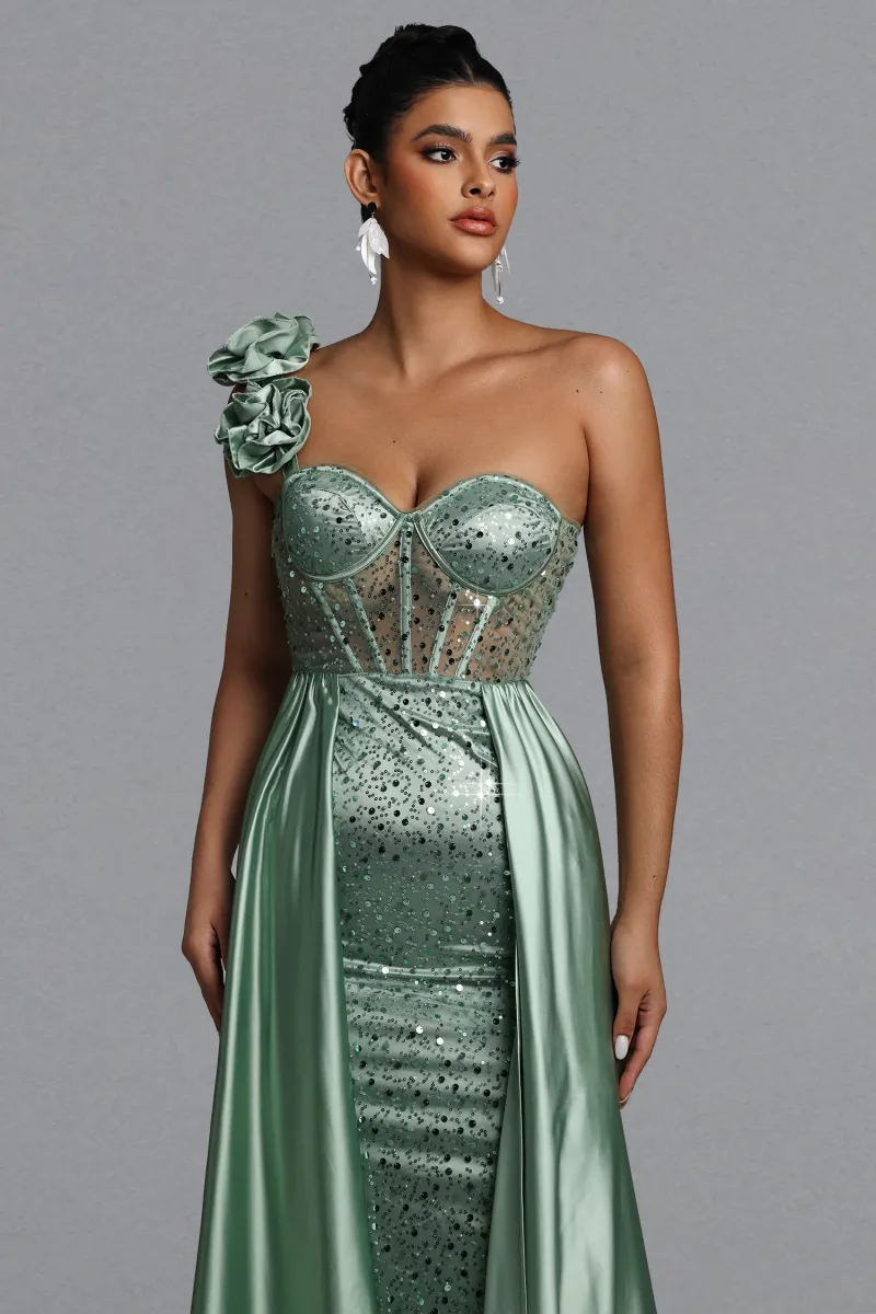 Vestido Maxi Zeren com Um Ombro e Paetês